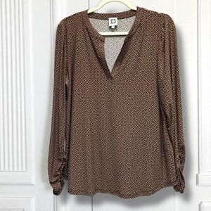 Anne Klein Brown Black Print Longsleeve Split Neck Top Siz‎ L